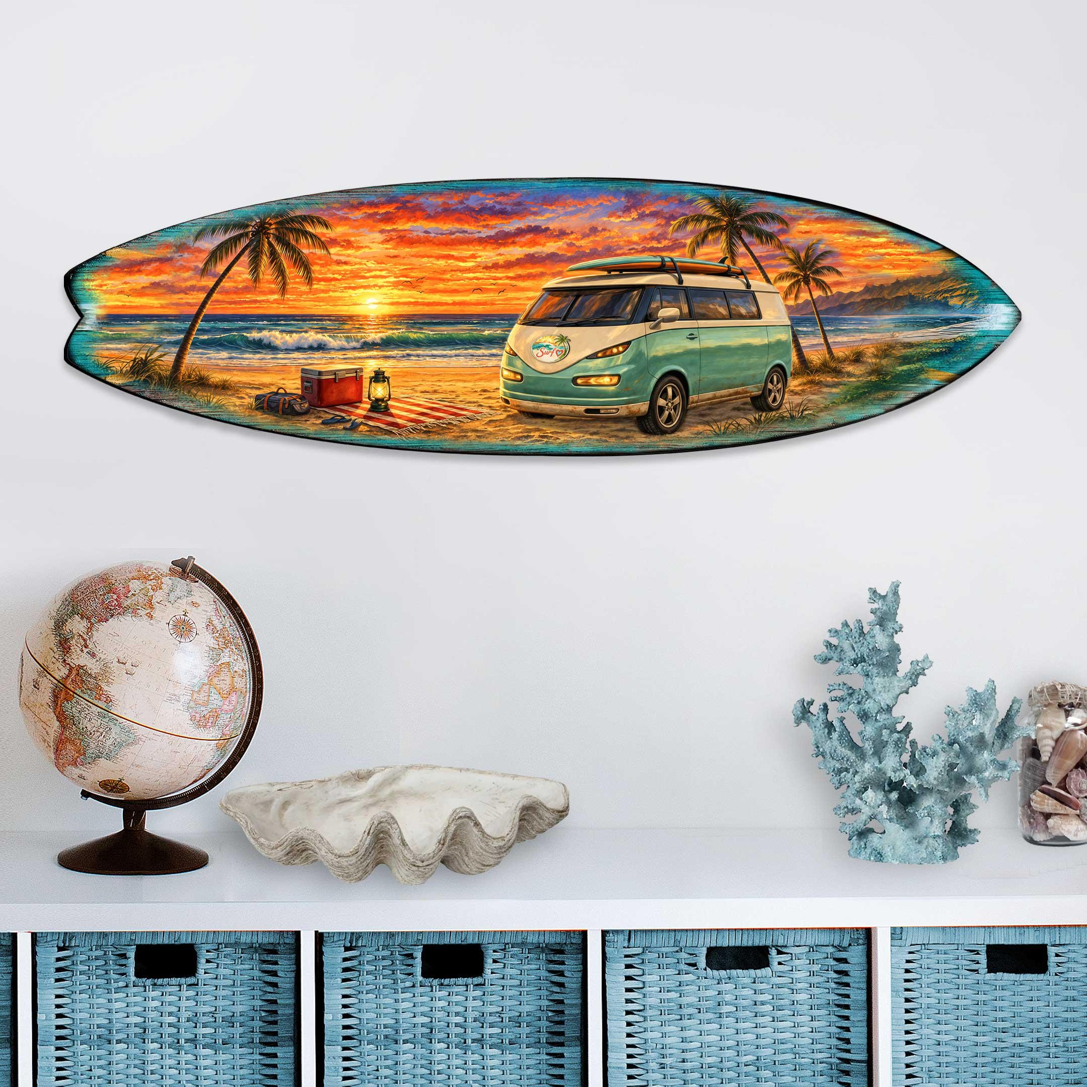Sunset Beach Camper Surfboard Wall Art – Handcrafted Coastal Decor by G ...