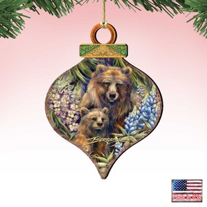 Christmas Ornament - Grin and Bear It Grizzly Mother and Cub Christmas Wooden Art Ornament by Jody Bergsma - 8591947-JB