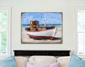 Coastal Wall Decor | Nautical Wall Art | Beached Boat Wood Block | Art On Wood | Pallet Wall Art 95321B