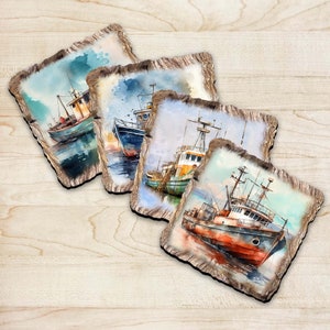 May include: Four wooden coasters with watercolor paintings of fishing boats. Each coaster features a different boat with varying colors and details. The boats are depicted against a blue and white watercolor background.