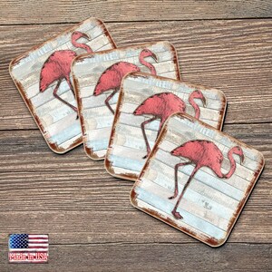 Flamingo Coasters Set of 4 - Coastal Gifts Nautical Scenic Table Decor Handcrafted with Cork Housewarming Gift - 8198544-9C Made in USA