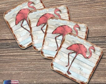 Flamingo Coasters Set of 4 - Coastal Gifts Nautical Scenic Table Decor Handcrafted with Cork Housewarming Gift - 8198544-9C Made in USA