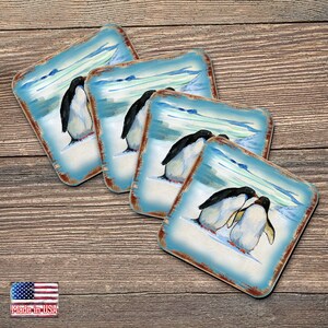Penguin Coasters Set of 4 - Coastal Gifts Nautical Scenic Table Decor Wooden Handcrafted with Cork Housewarming Gift - 95382C USA-Made