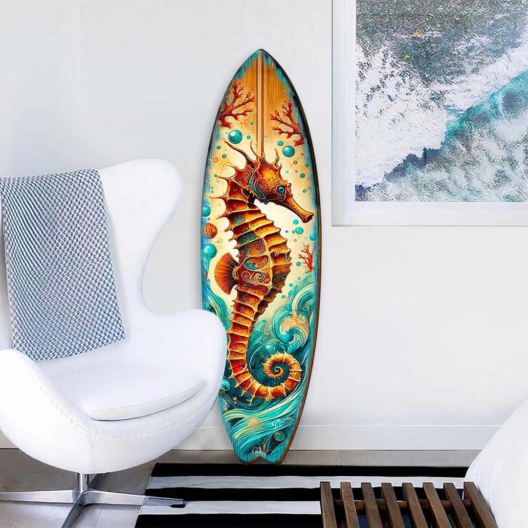 Seahorse Coastal Surfboard Wall Art – Handcrafted Wooden Ocean Decor by ...