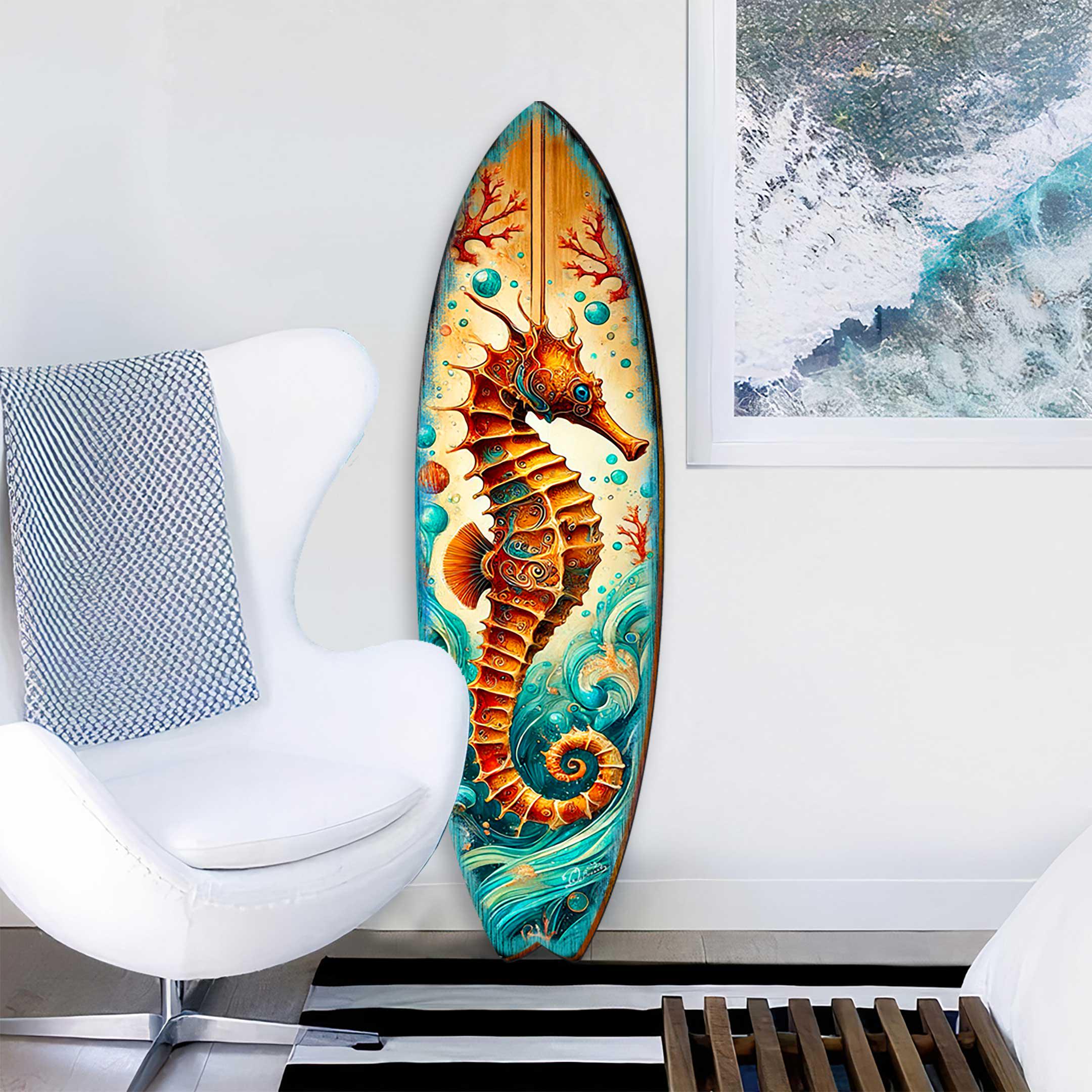 Seahorse Coastal Surfboard Wall Art – Handcrafted Wooden Ocean Decor by ...