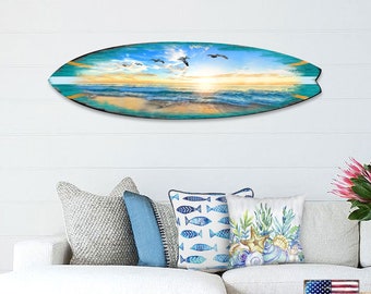 Coastal Wall Decor - Sunset Wooden Surfboard Shape Door Hanger Wall Décor by G.DeBrekht 8490103HS Fast Shipping