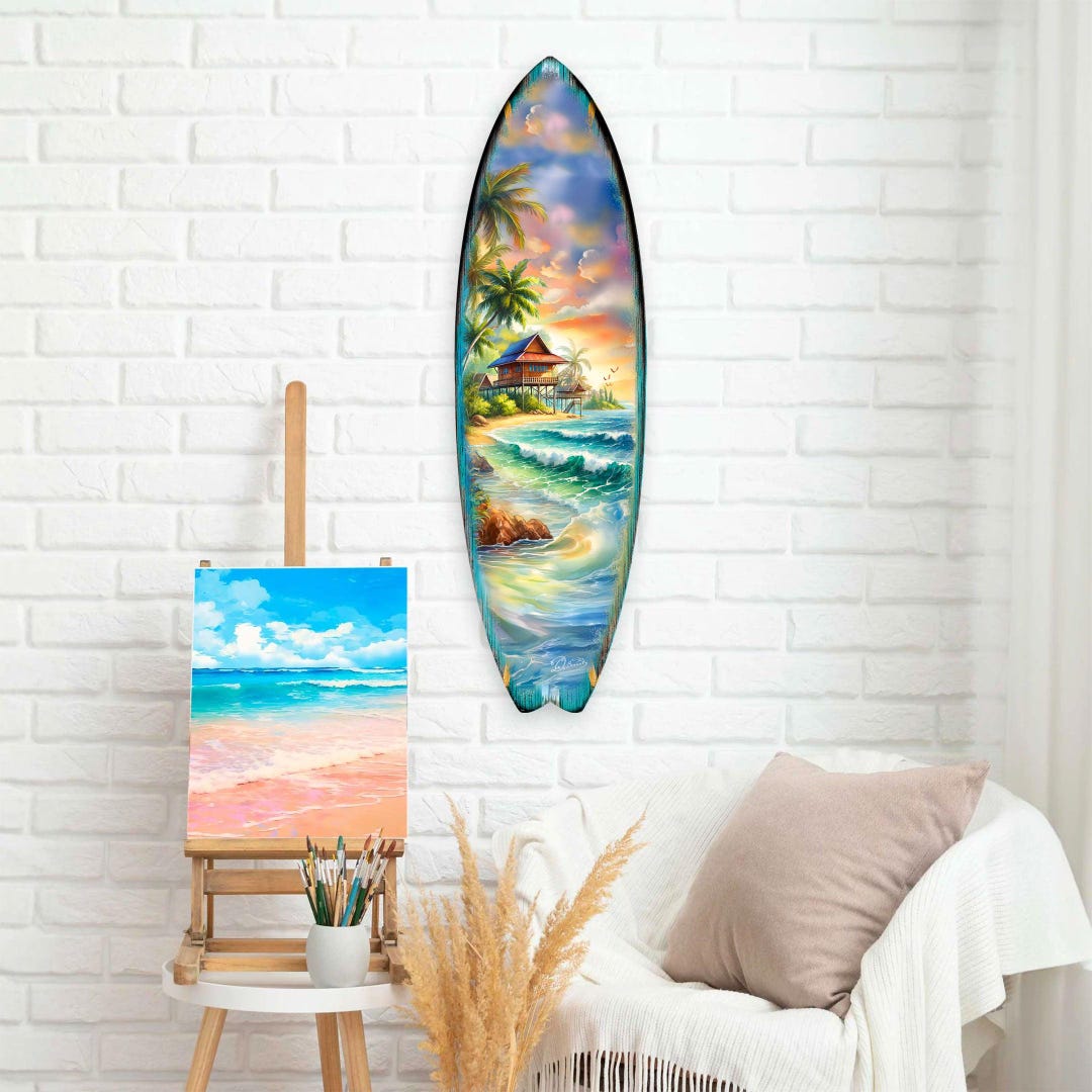Tropical Beach House Surfboard Wall Art – Handcrafted Coastal Decor ...