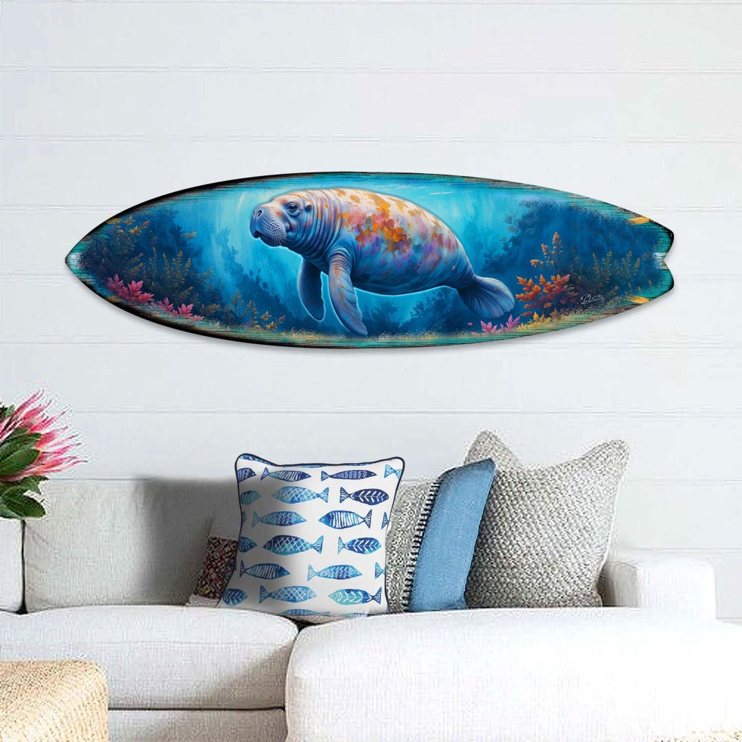 Manatee Surfboard Wall Art – Handcrafted Coastal Decor - Surfboard Wall ...