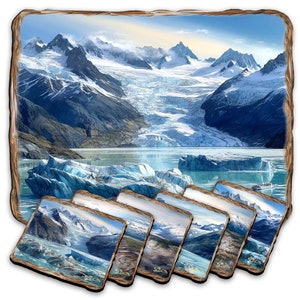 Glacier&#39;s Majesty Placemat and Coasters Gift Set of 7 - Nature Wildlife Table Decor Wooden Handcrafted with Cork Housewarming Gift 85402C-S7
