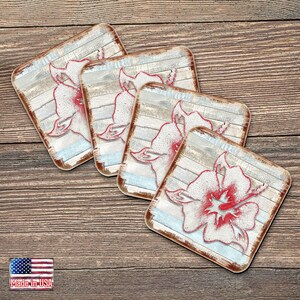 Hibiscus Flower Coasters - Hawaiian Style Table Decor Set of 4 - Coastal Gifts Nautical Table Decor Wooden Handcrafted with Cork 8198421-9C