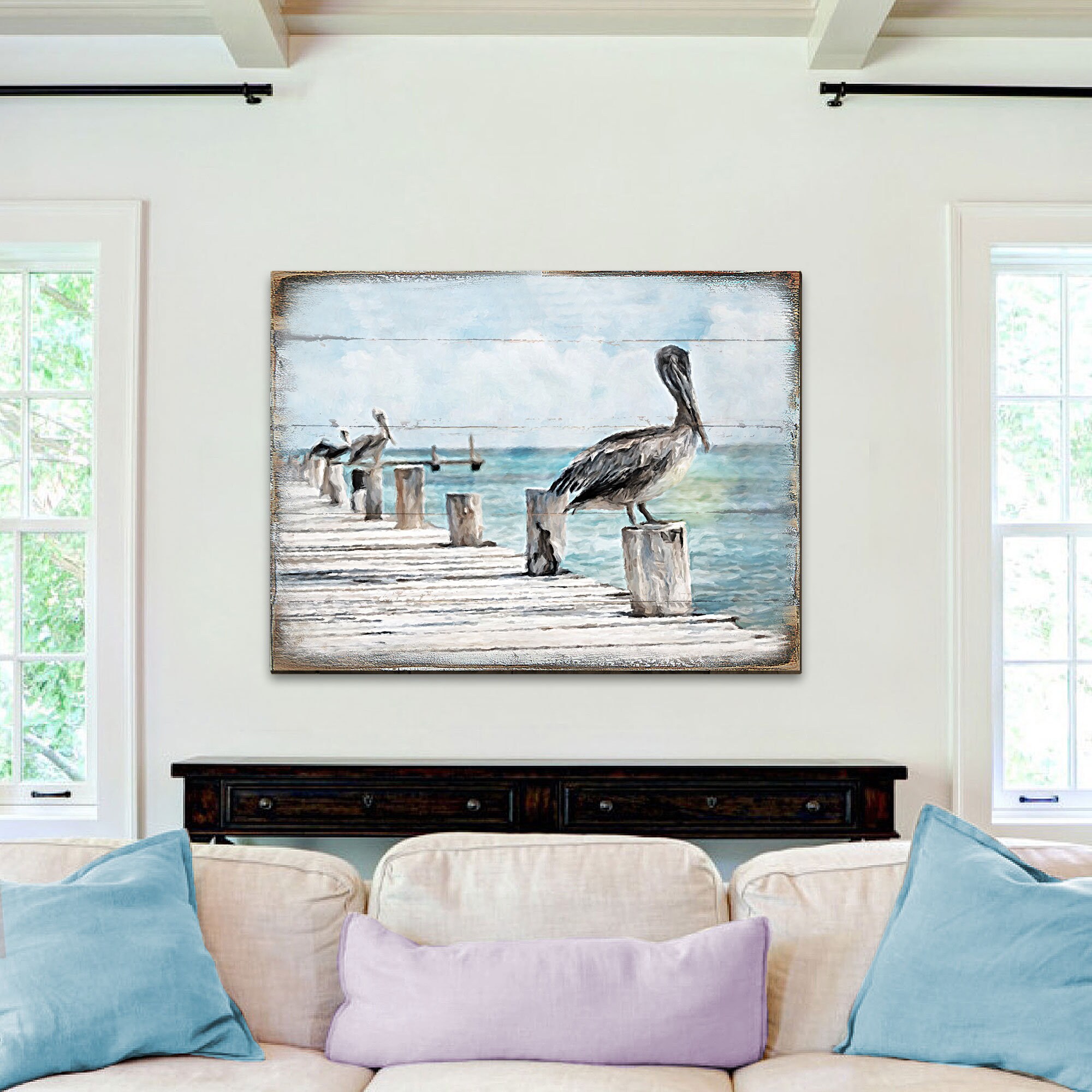 Coastal Wall Decor Pelican Wall Art Pelican on the Dock Wooden Block