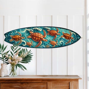 Handcrafted Ocean Wave Wooden Decor - Sea Turtle Surfboard Coastal Wall Art by G.DeBrekht – Marine Life Beach House Accent – 8490150HS