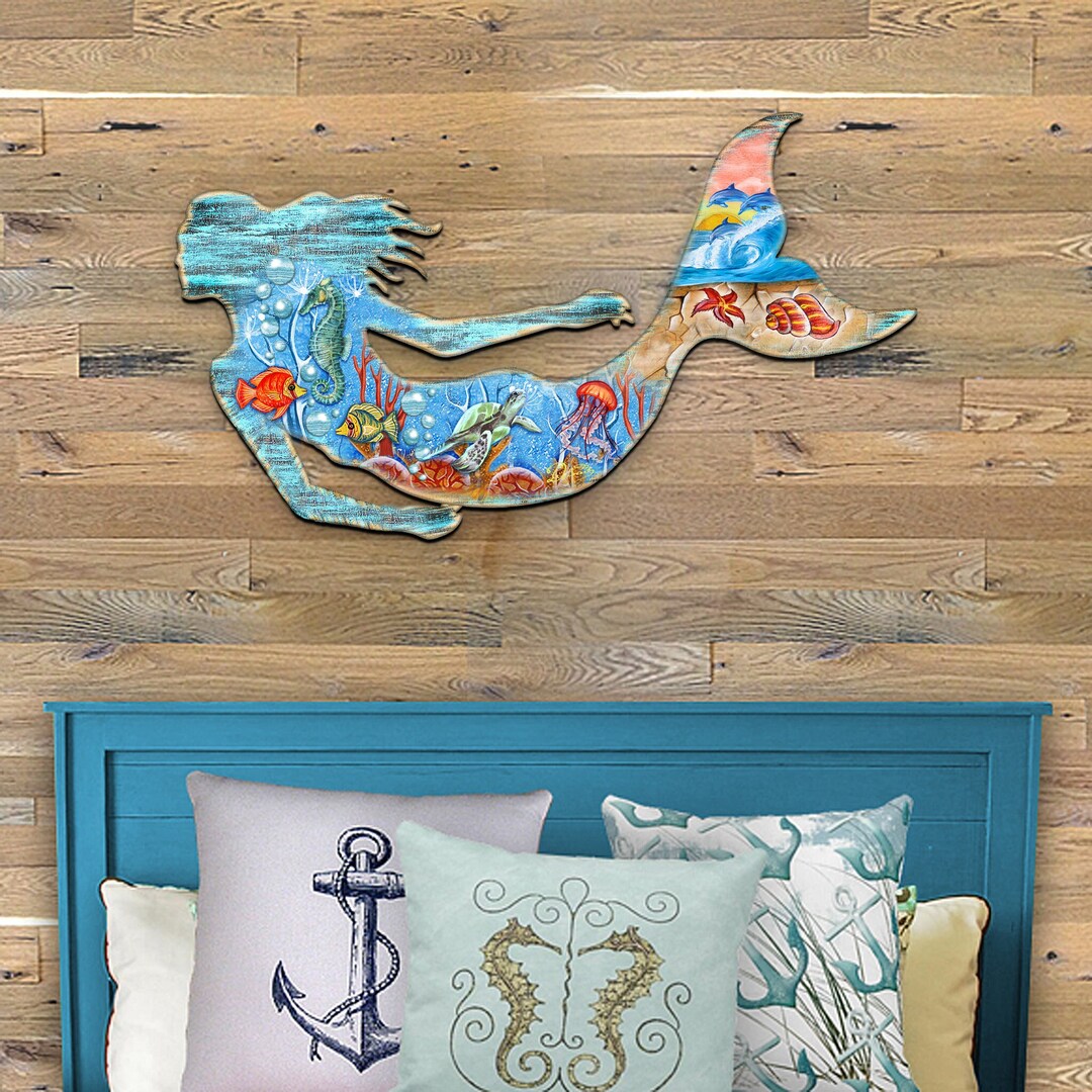 Coastal Wall Art - Wood Mermaid Rustic Decor - Beach Home Design ...