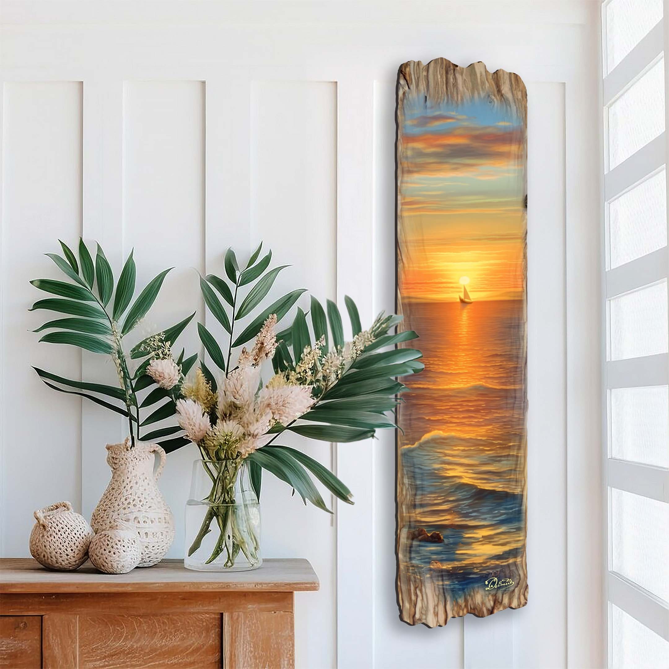 Handcrafted Wooden Coastal Wall Art Golden Sunset by G Debrekht - Made