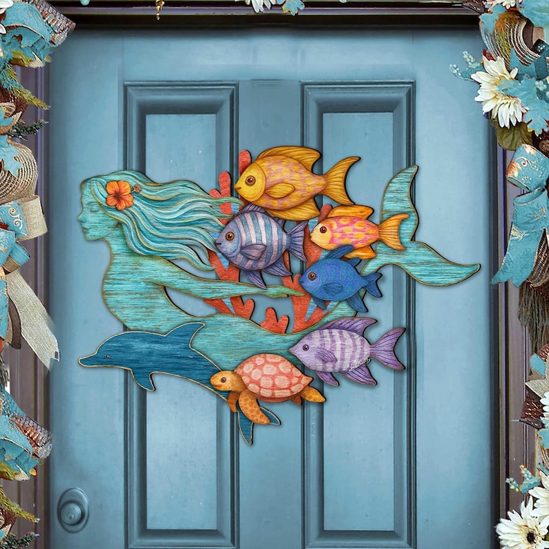 Handcrafted Mermaid Coastal Door Hanger – Tropical Underwater Wall Art ...