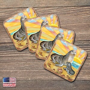 Seal Lion Sealion Coasters Set of 4 - Coastal Gifts Nautical Scenic Table Decor Wooden Handcrafted with Cork - Housewarming Gift 8198532-2C