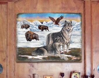 Wolf Art - Wolf Wall Art - Wolves Art on Wood Block - Wolves Art on Wood - Pallet Wall Art 95222B Nature Wildlife-Inspired Decor USA-Made