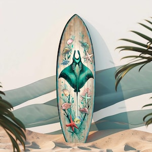 May include: A wooden surfboard with a painted design featuring a teal manta ray, starfish, fish, and coral. The board has a light brown wood grain background. The design is set against a backdrop of sand and stylized ocean waves.