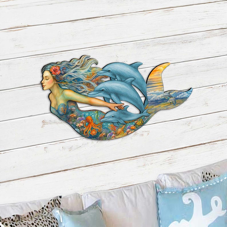 Mermaid & Dolphins Coastal Door Hanger - Handcrafted Ocean Fantasy Art ...
