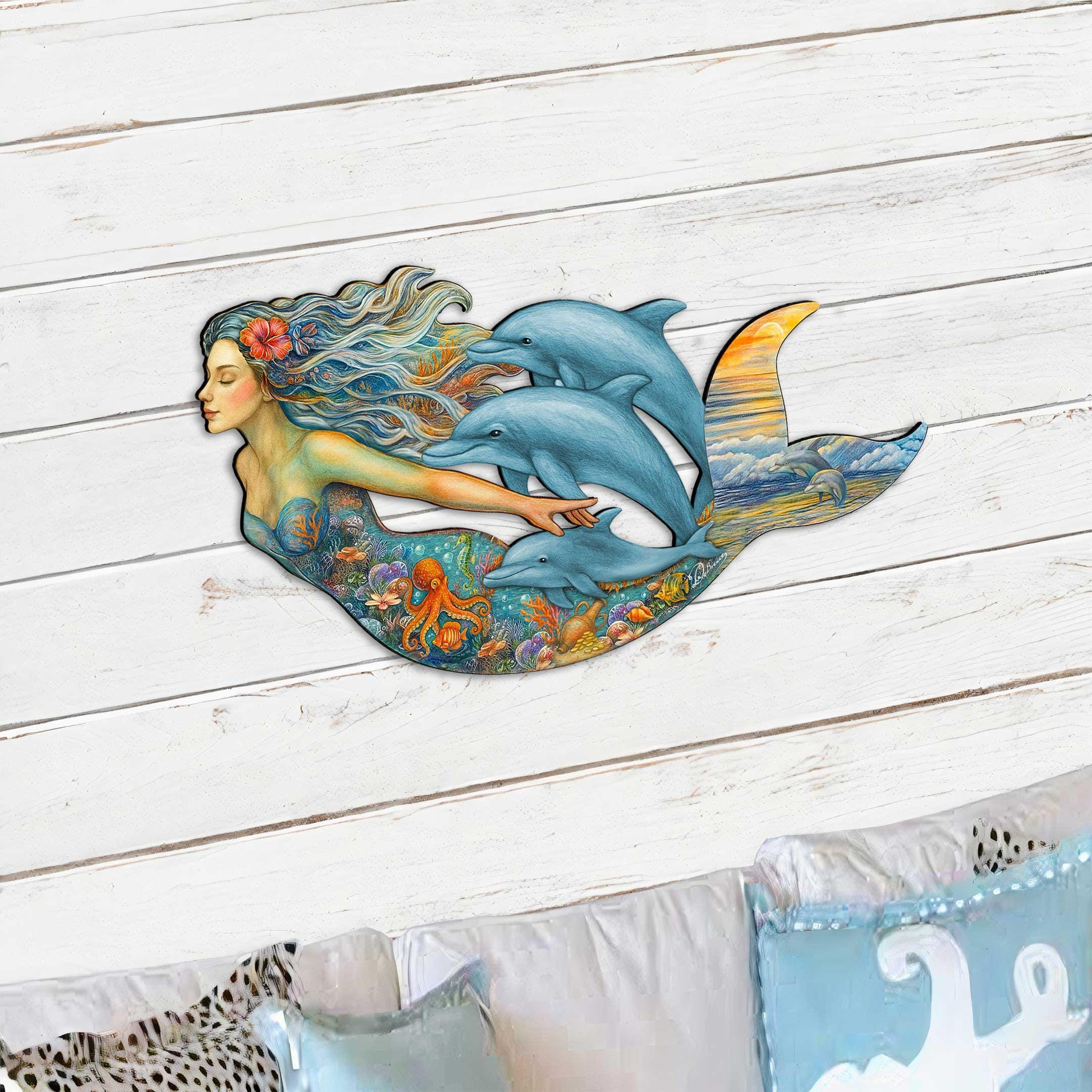 Mermaid & Dolphins Coastal Door Hanger - Handcrafted Ocean Fantasy Art ...