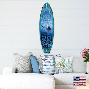 Shark Surfboard Wall Art Handcrafted from Reclaimed Wood with Unique Scenic Design - Coastal Decor Housewarming Gift Home Decor - 8490104HS