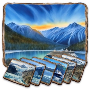Cruise Ship Placemat and Coasters Gift Set of 7 - Nature Wildlife Table Decor Wooden Handcrafted with Cork - Housewarming Gift - 85410C-S7