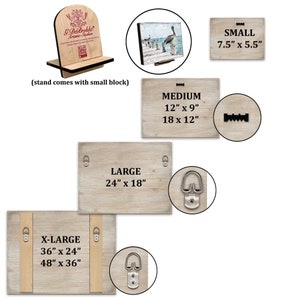 Puede incluir: Impresiones art&iacute;sticas en madera de varios tama&ntilde;os: peque&ntilde;o (19cm x 14cm), mediano (30cm x 23cm), grande (61cm x 46cm) y extra grande (91cm x 61cm y 122cm x 91cm). Cada impresi&oacute;n muestra un pel&iacute;cano en un muelle. Incluye un soporte de madera.