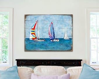 Pintura de velero sobre bloque de madera, arte náutico para decoración de pared con palets 95259B