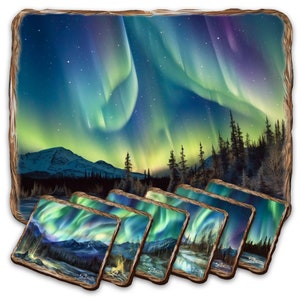 Nothern Lights Placemat and Coasters Gift Set of 7 - Nature Wildlife Table Decor Wooden Handcrafted with Cork Housewarming Gift - 85401C-S7