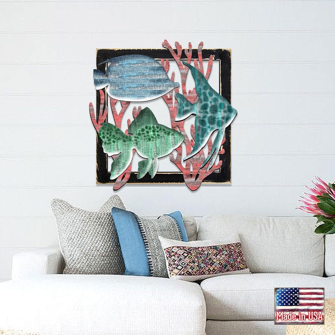 Coastal Wall Art - Wood Beach Decor Wall Art - Framed Tropical Fish ...