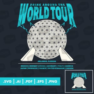 May include: A navy blue graphic design featuring the text "DRINK AROUND THE WORLD TOUR" in turquoise. The design includes a geometric sphere and the text "ORLANDO, FLORIDA" with a list of countries below. File types are listed at the bottom.