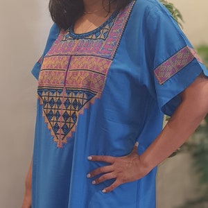 Aqua Turquoise Embroidered dress/kaftan with tribal Saharan embroidery, 100% Egyptian cotton, Women&#39;s Casual Summer dress, Gift for Her.