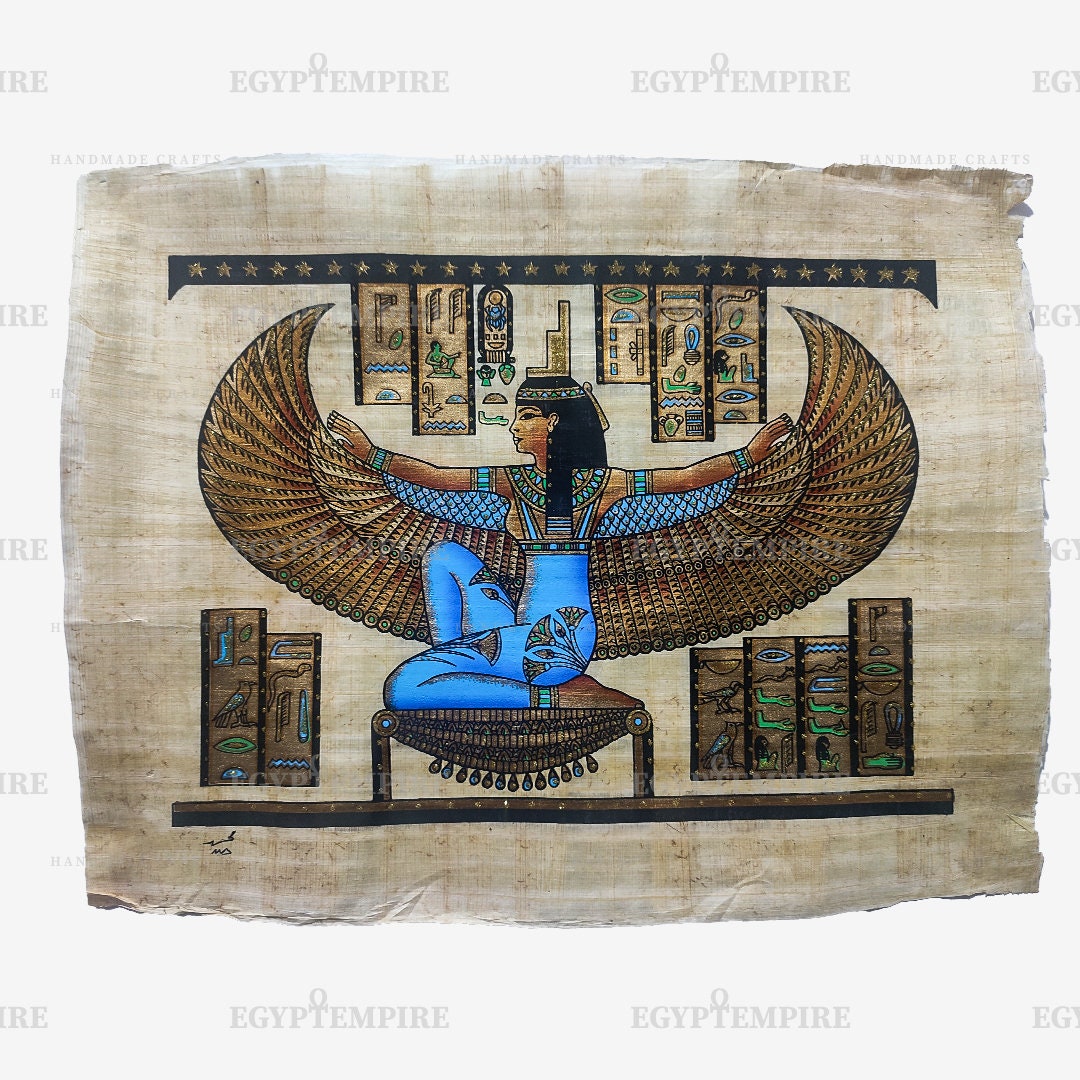 翼のある女神イシス、エジプトの象形文字のテキスト、手作りのエジプト