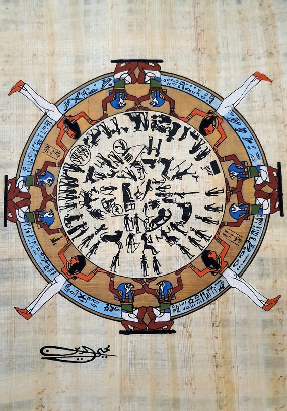 手描きのエジプトの星座パピルス：古代占星術の壁アート（14インチ×10