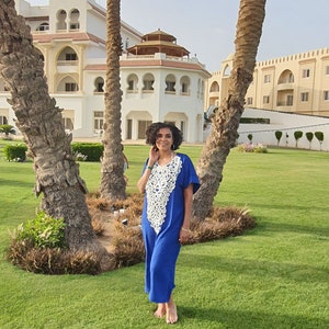 True Blue Urban dress/kaftan, Bohemian embroidery, 80% Egyptian cotton, Casual Summer dress.