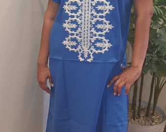Aqua blue dress/kaftan, floral patterns, 80% Egyptian cotton, Casual Summer dress.