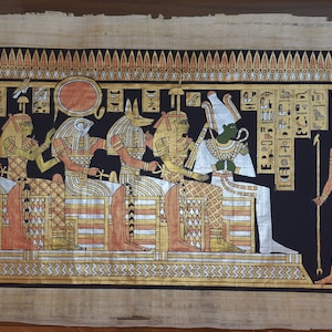 Queen Nefertari facing the Pantheon of Gods through the path to the afterlife, 40X14&quot; Handmade, Hand-Painted Papyrus, Frameable Wall art