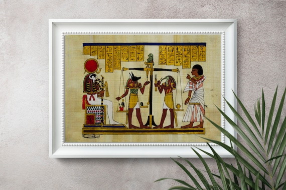 手作りエジプトパピルス画：心臓の重さを量る、古代の神々（14インチ
