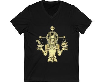 Egyptian God Anubis with the Scales of Judgment Unisex Jersey Short Sleeve V-Neck Tee