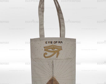 Canvas Tote Bag, 100% Egyptian cotton women Handbag ,2 outside-pockets, with hand painted Eye of  Raa .