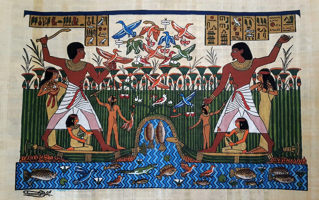 手作りパピルス画：ナイル川デルタでの狩猟、古代エジプト美術（14