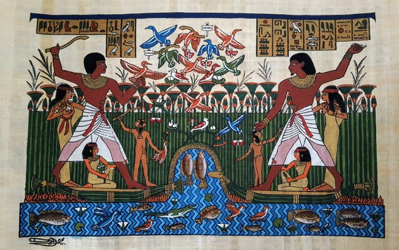 古代エジプト パピルス絵画 大型 手作りパピルス画：ナイル川デルタでの狩猟、古代エジプト美術（14