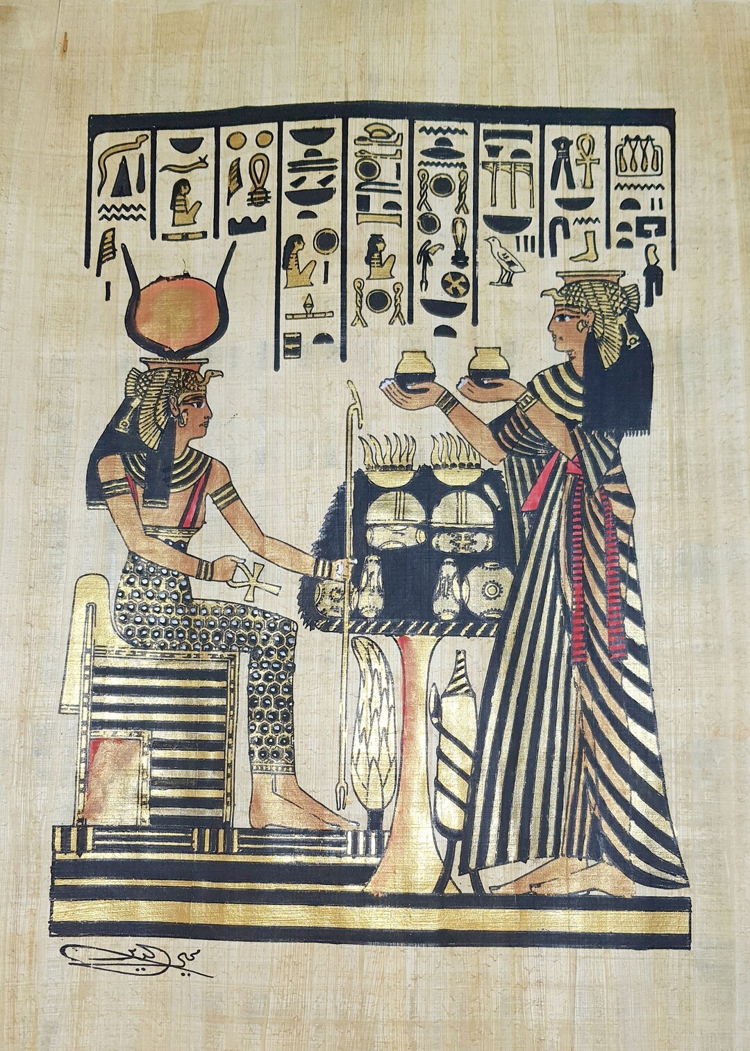 ネフェルタリ王妃のパピルス画：手作りエジプト壁画（15インチ×12