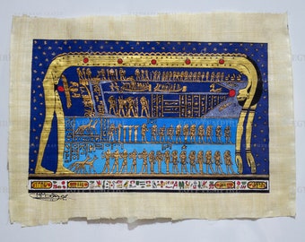 手作りのアケナテン王のパピルス画：古代エジプトの壁画（14インチ×10