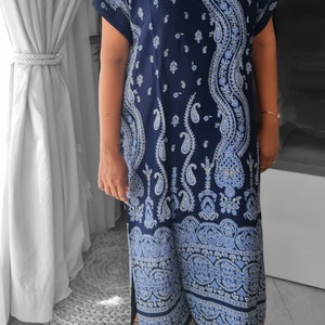 Boho patterned deep blue dress/kaftan for women, 100% Egyptian cotton, Embroidered Egyptian Dress, Casual Summer Kaftan Dress, Gift for Her.