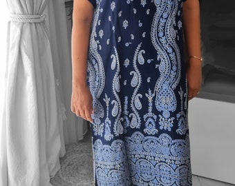 Sukienka/kaftan w kolorze boho ze wzorem w kolorze ciemnoniebieskim dla kobiet, 100% bawełny egipskiej, haftowana egipska sukienka, swobodna letnia sukienka kaftan, prezent dla niej.