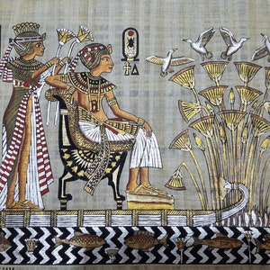 King Tutankhamun and Queen Ankhesnamun journey on Nile Boat, Unique Ancient Egyptian Papyrus Painting, Hand-Painted Art from Egypt, Wall art