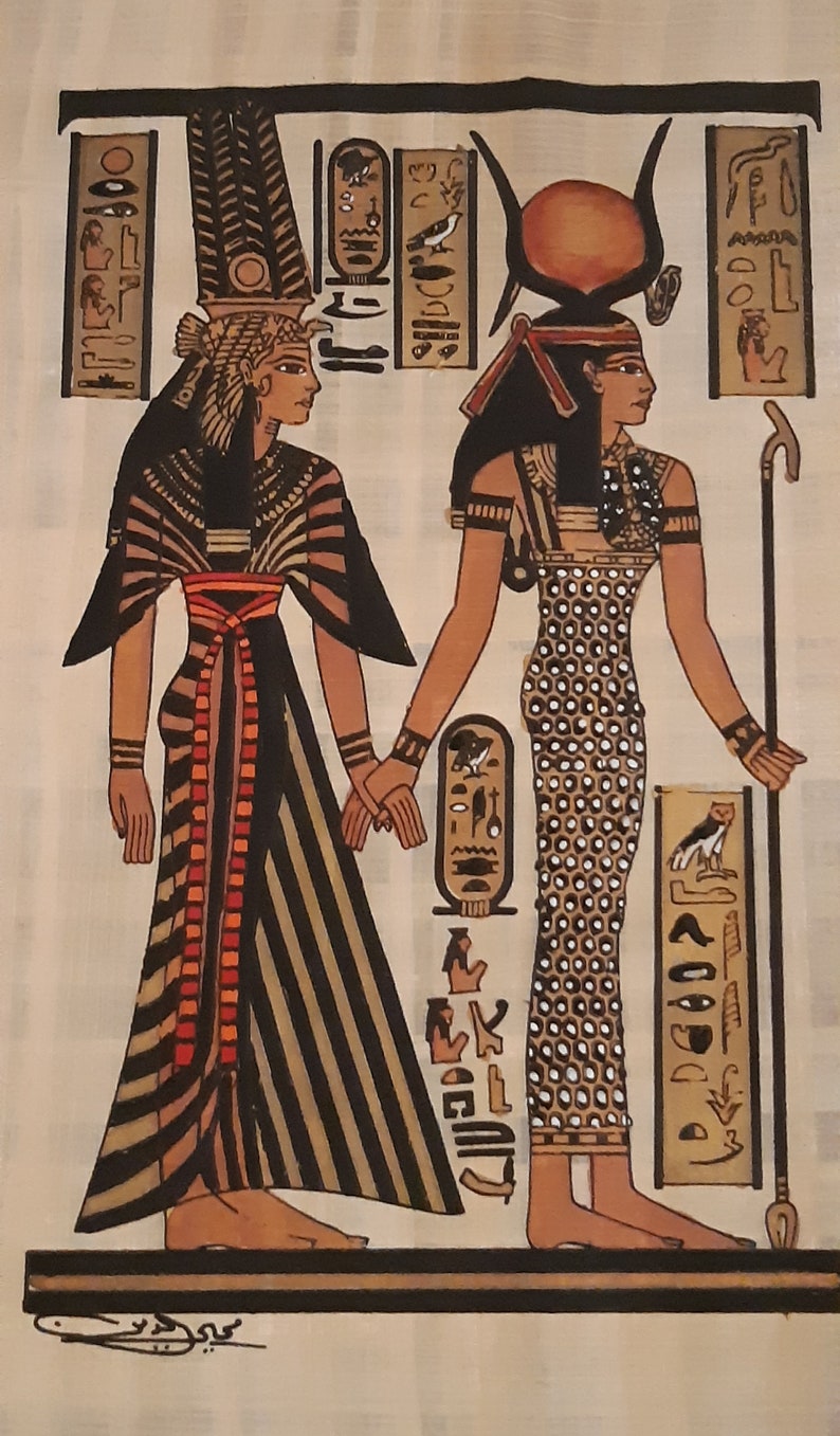 Queen Nefertari & goddess ISIS, handmade, handpainted Egypt papyrus, 14X10 inches, Ancient Egyptian art, Frameable Wall art. image 1