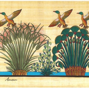 手作りパピルス画：ナイル川デルタでの狩猟、古代エジプト美術（14