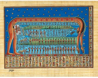 古代エジプト パピルスアート 壁画風 手作りのアケナテン王のパピルス画：古代エジプトの壁画（14インチ×10